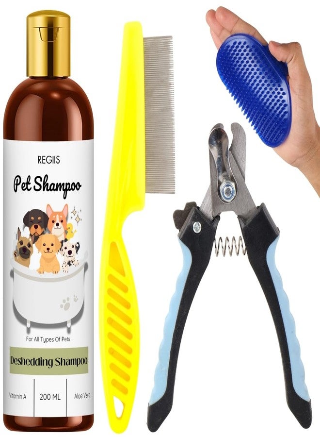 REGIIS Pet Grooming Kit, 4-Piece Set with Deshedding Shampoo 200ml, Dog Comb, Nail Clipper, Blue Massage Brush for Dogs - Image 1